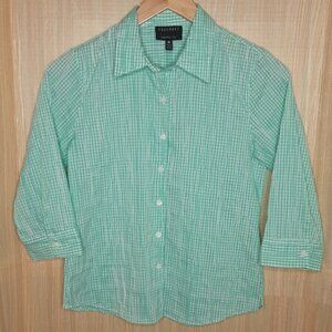 Foxcroft Shaped Fit Petite Womens Checked 3/4 Sleeve Button Down Shirt 8P